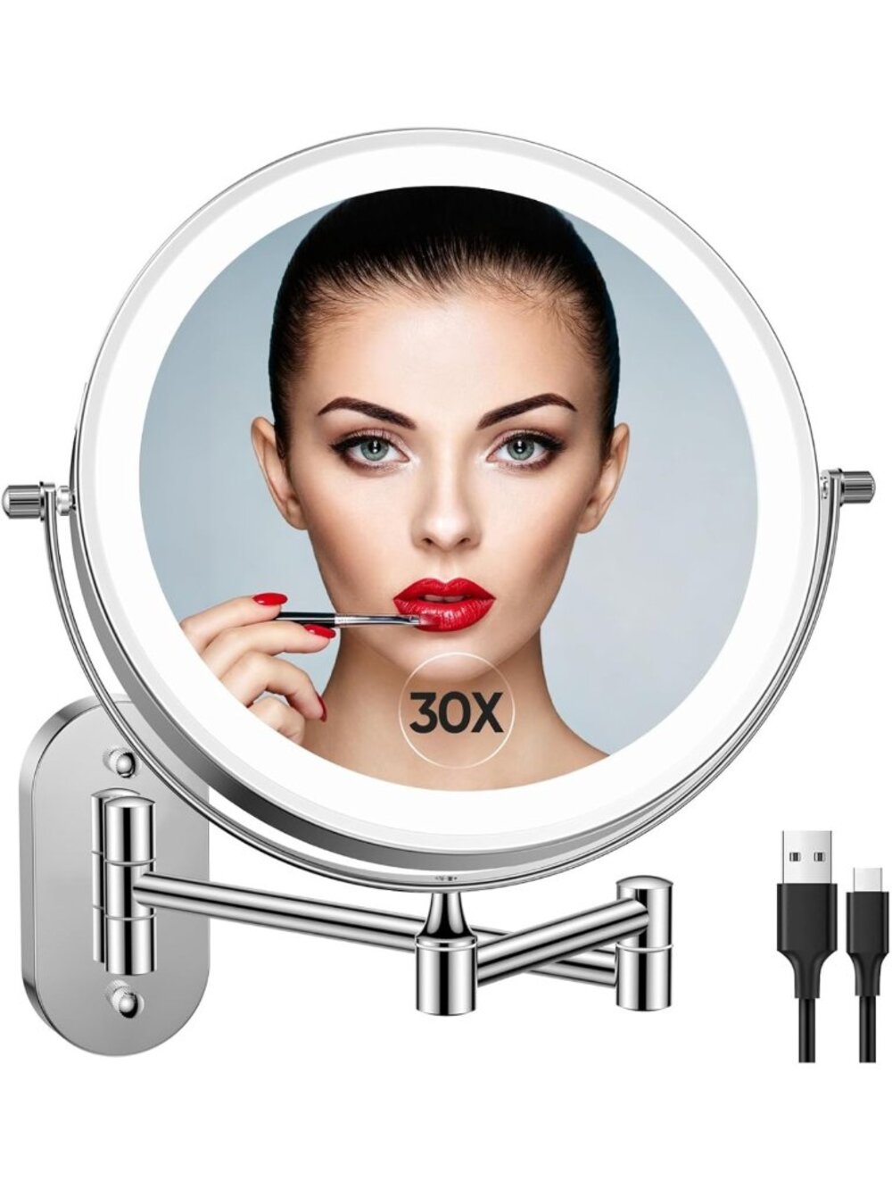 5000mAh Rechargeable Wall-Mounted Lighted Makeup Mirror 1X/30X Magnification
